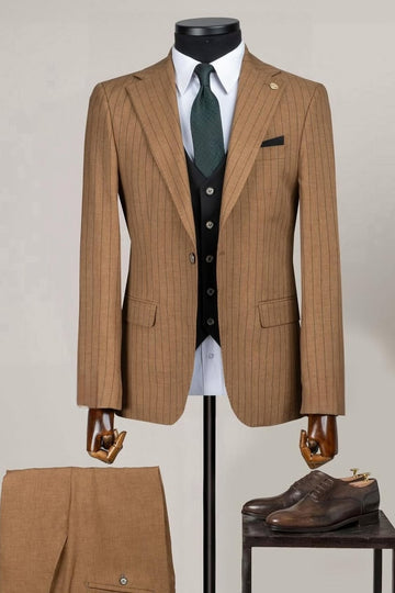 Brown Striped Business Suits with Black Waistcoat