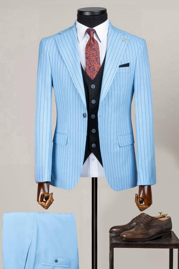 Ocean Blue Striped Business Suits with Black Waistcoat