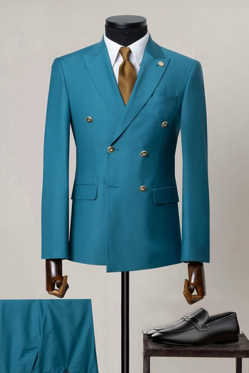 Teal Blue Double Breasted Fashion Prom Men Suit