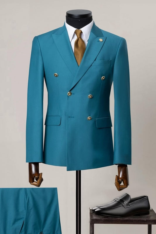 Teal Blue Double Breasted Fashion Prom Men Suit