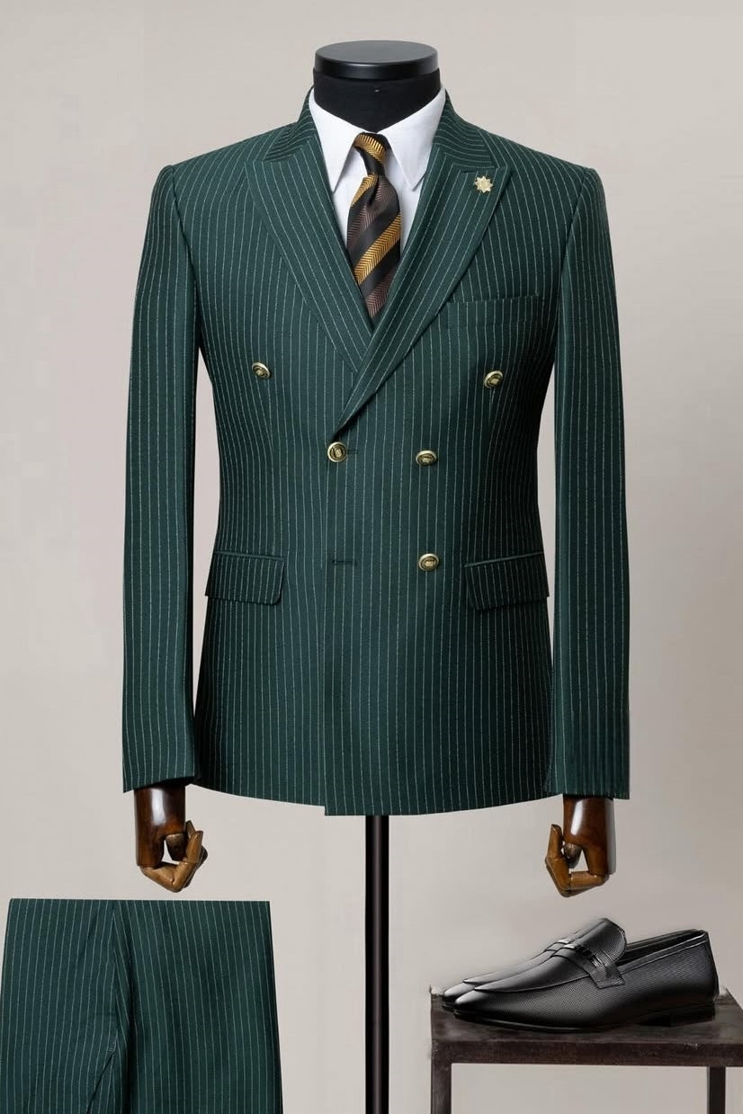 Dark Green Double Breasted Pinstripe Suits for Business