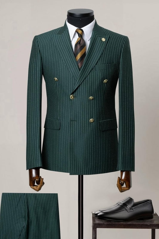 Dark Green Double Breasted Pinstripe Suits for Business