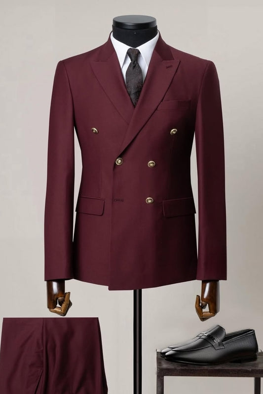 Burgundy Double Breasted Peaked Lapel Prom Suit