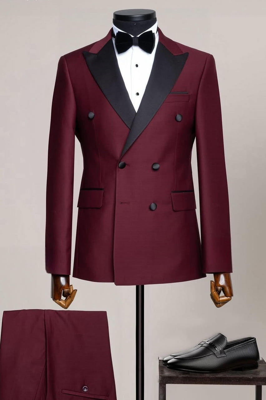 Burgundy Double Breasted Prom Suit with Silk Lapel