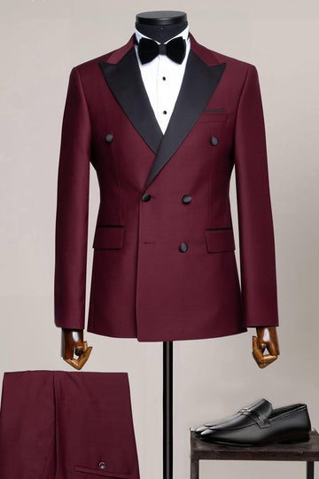 Burgundy Double Breasted Prom Suit with Silk Lapel