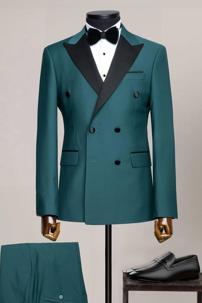 Teal Blue Double Breasted Prom Suit with Silk Lapel