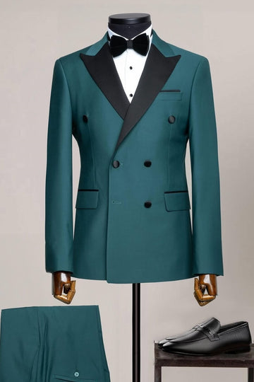 Teal Blue Double Breasted Prom Suit with Silk Lapel