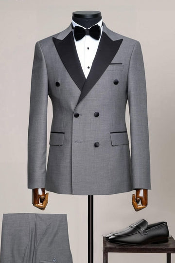 Gray Double Breasted MenSuit with Silk Lapel