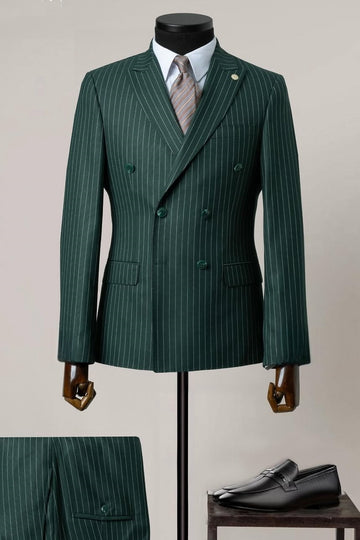 Formal Dark Green Double Breasted Pinstripe Business Suit