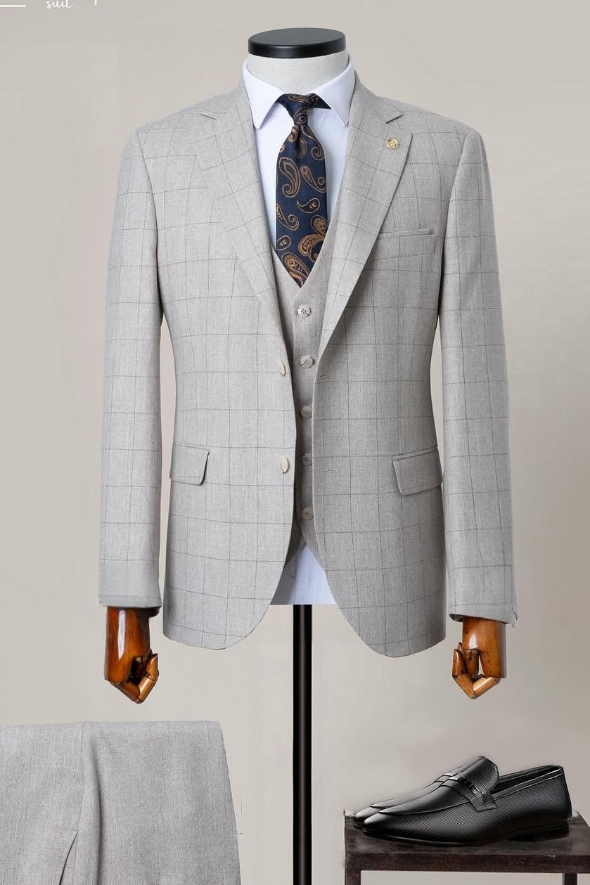 Gray Plaid 3 Pieces Notched Lapel Business Suit
