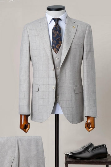Gray Plaid 3 Pieces Notched Lapel Business Suit