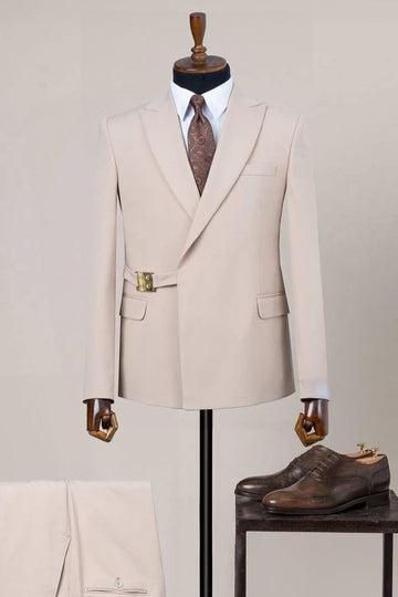 Nude Peaked Lapel Prom Suit with Gold Buckle