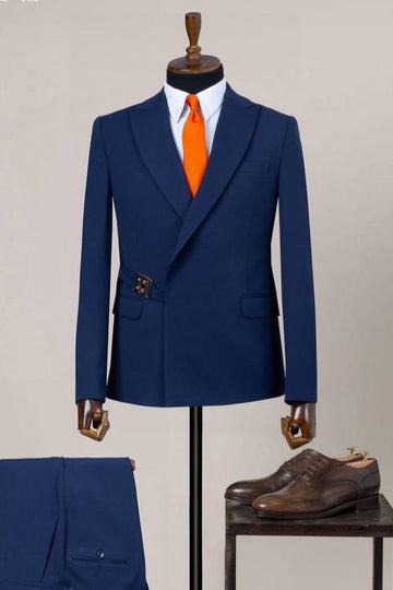 Dark Blue Lapel Prom Suit with Gold Buckle