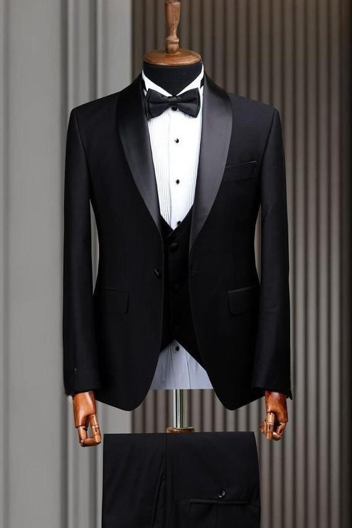 Classic Black Shawl Lapel 3 Pieces Wedding Suit