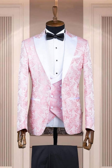 Pink Jacquard 3 Pieces Slim Fit Prom Outfits for Boy
