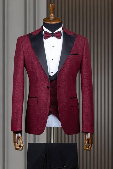 Bling Red 3 Pieces Peaked Lapel Prom Suit with Waistcoat