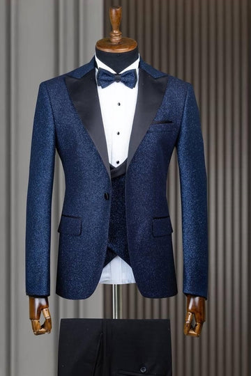 Navy Blue 3 Pieces Peaked Lapel Prom Suit with Waistcoat