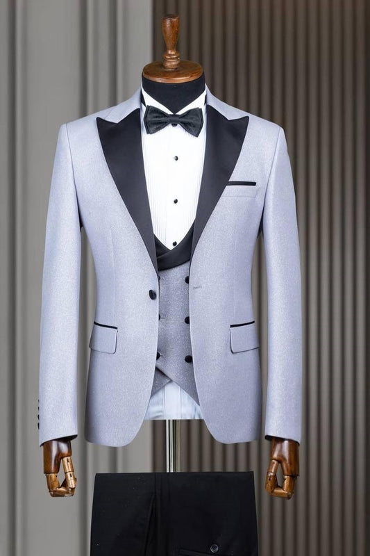 Gray Blue 3 Pieces Close Fitting Prom Suit with Waistcoat