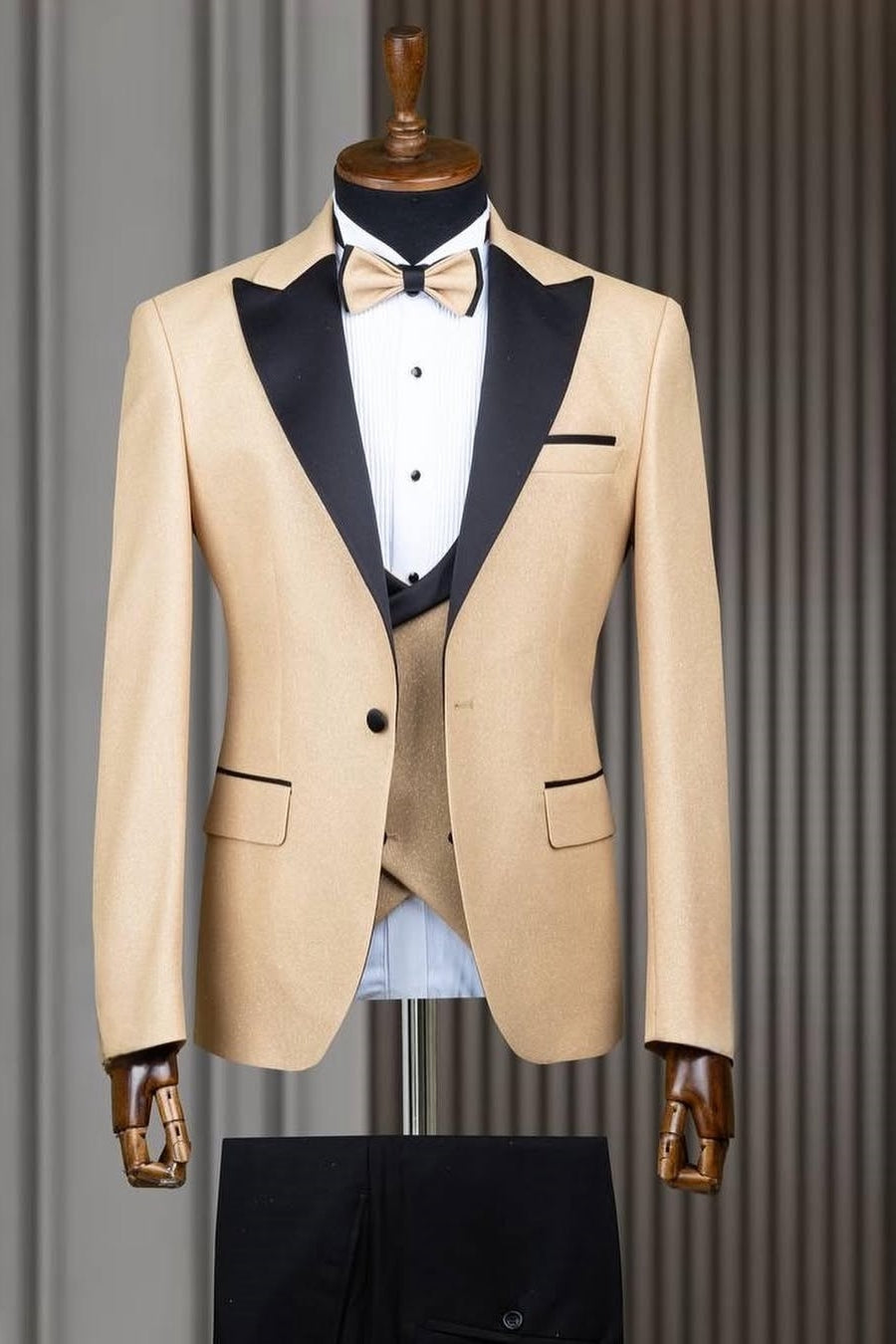 Gold Champagne 3 Pieces Close Fitting Prom Suit with Waistcoat