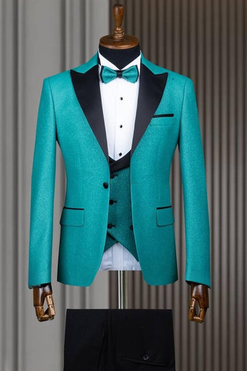 Teal Blue 3 Pieces Close Fitting Prom Suit with Waistcoat