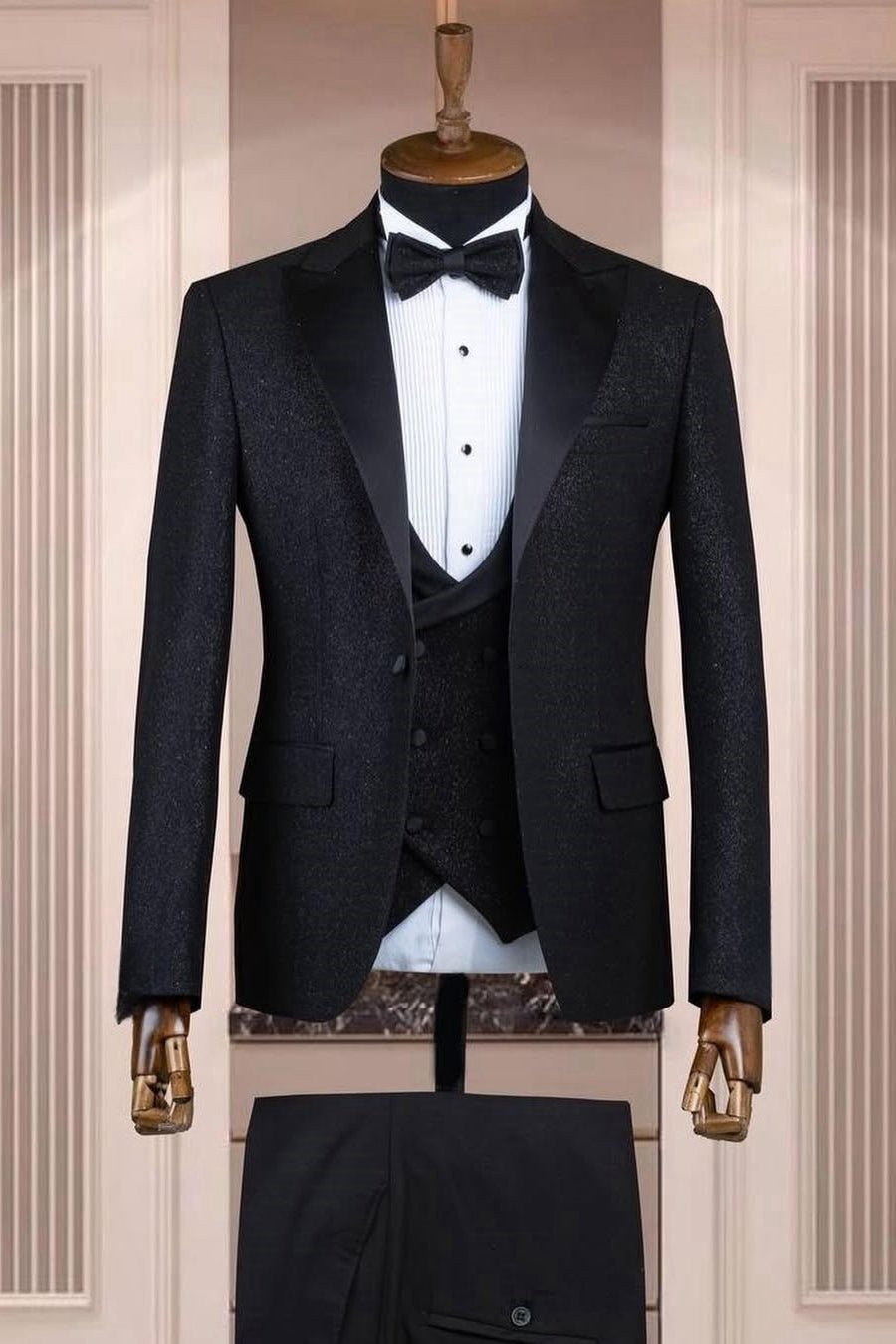 Stylish Black Jacquard 3 Pieces Slim Fit Wedding Groom Suit