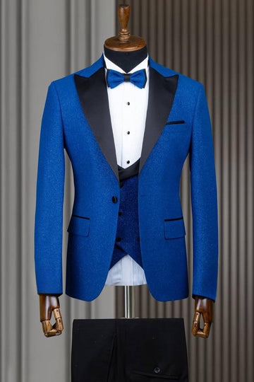 Royal Blue Jacquard 3 Pieces Slim Fit Wedding Groom Suit