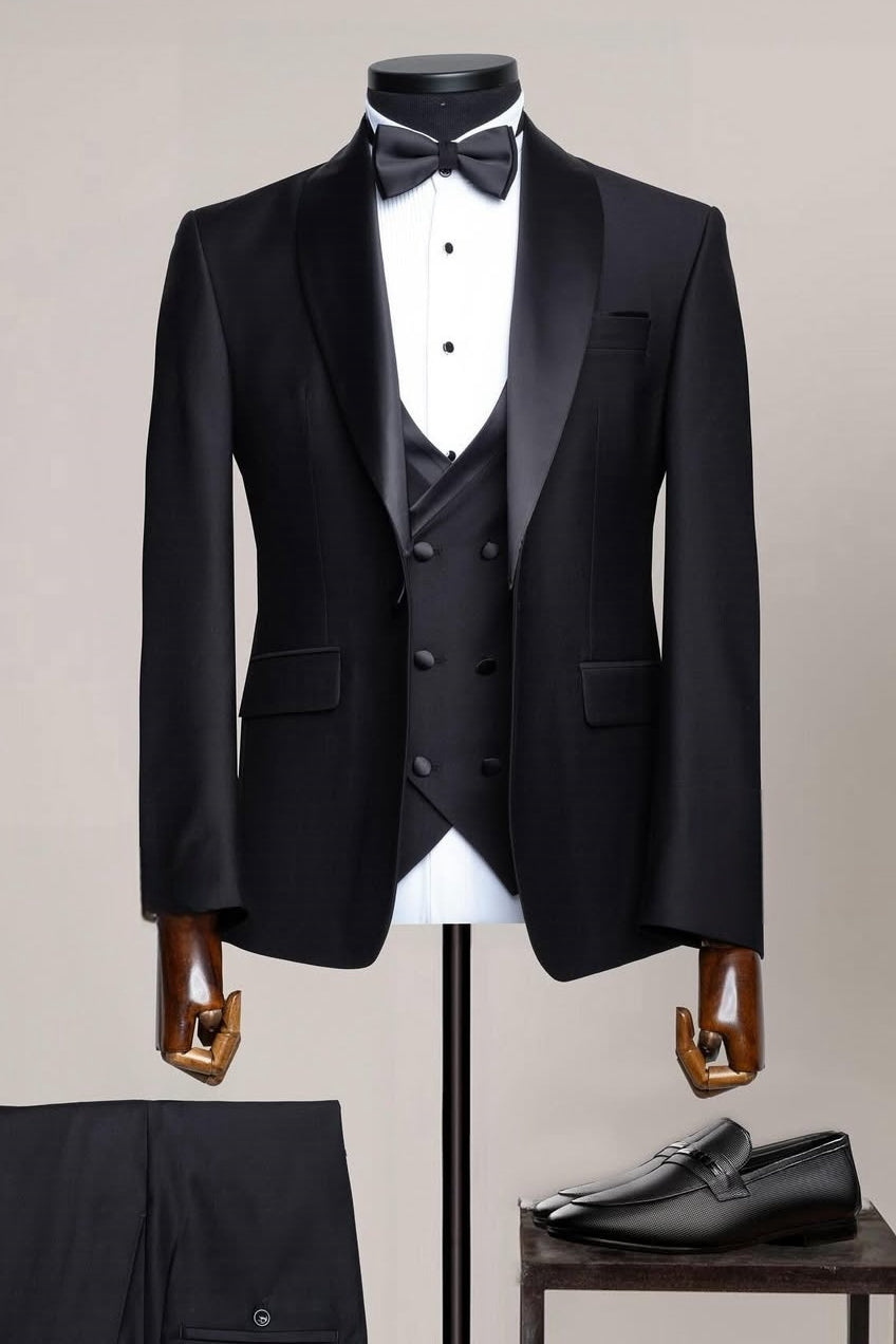 Sparkly Black Shawl Lapel Three Pieces Wedding Suits