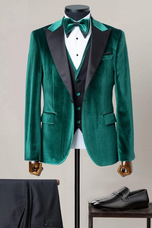 Green Velvet Peaked Lapel Prom Suit with Black Vest