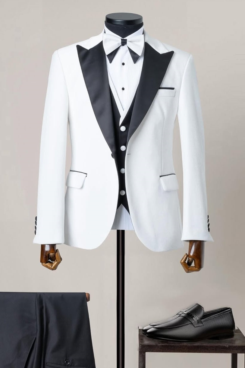 Simple White Peaked Lapel Prom Suit with Black Vest
