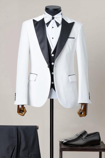 Simple White Peaked Lapel Prom Suit with Black Vest