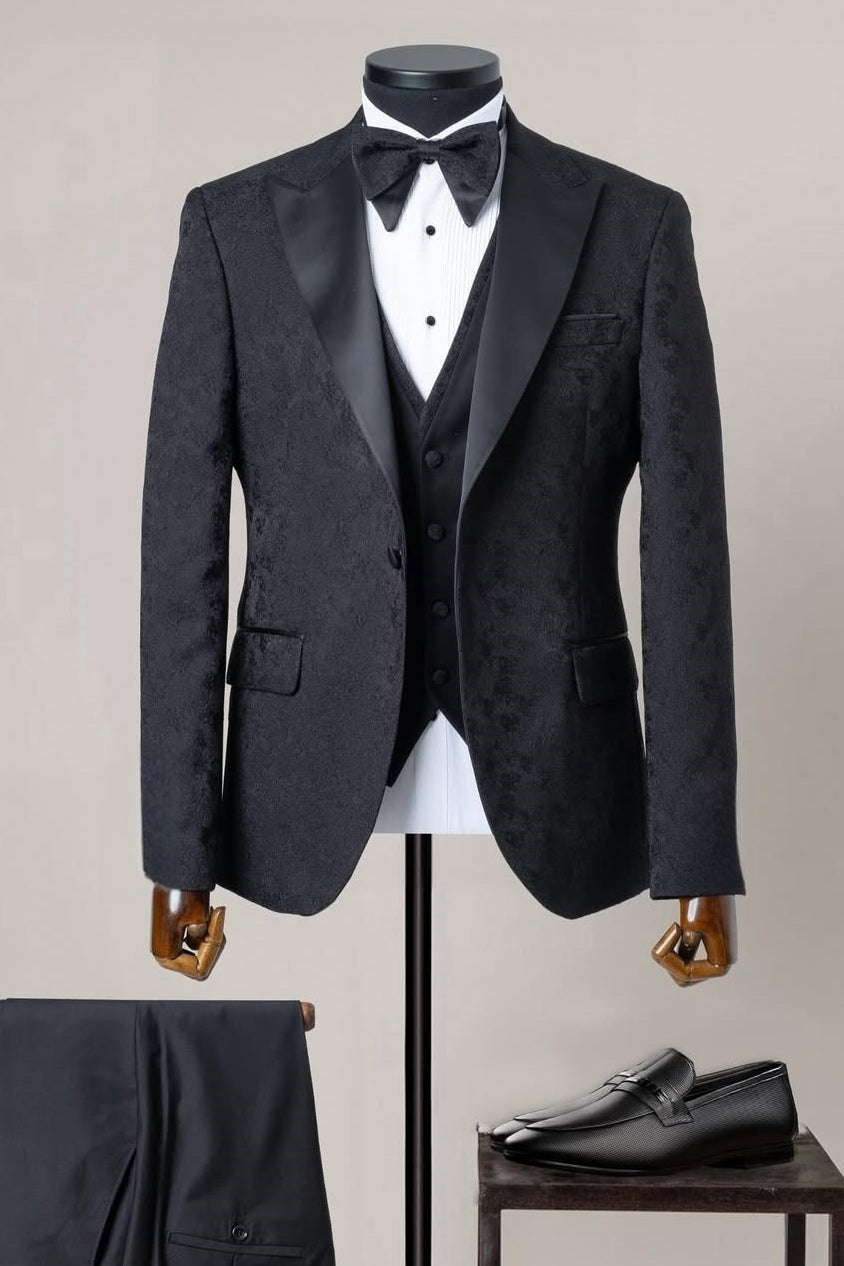 Black Jacquard Peaked Lapel Prom Suit with Waistcoat