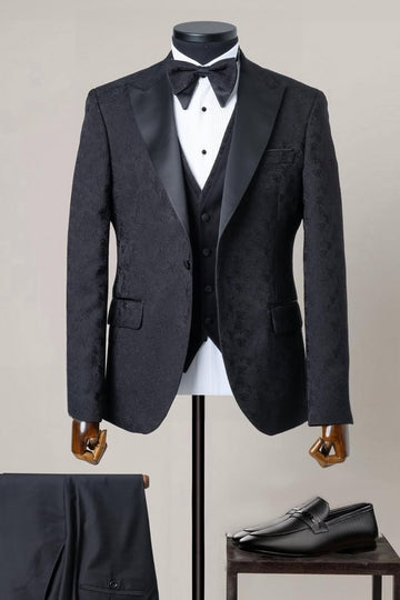 Black Jacquard Peaked Lapel Prom Suit with Waistcoat