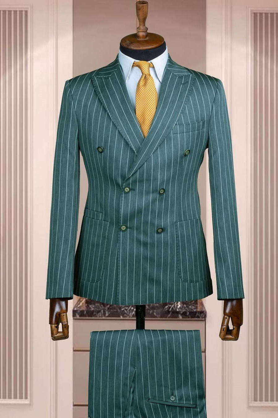 Green Double Breasted Pinstripe Bespoke Business Suits