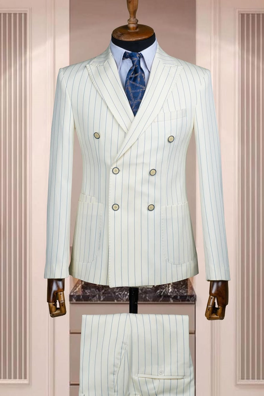 White Double Breasted Pinstripe Bespoke Business Suits