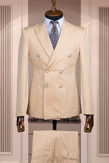 Khaki Double Breasted Pinstripe Bespoke Business Suits