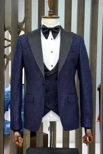 Sparkly Navy Blue Three Pieces Prom Suits with Black Lapel