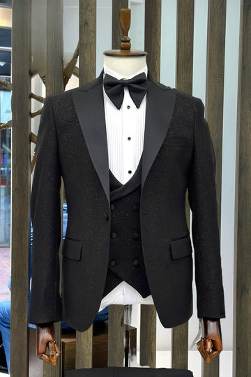 Fashion Black Three Pieces Prom Suits with Silk Lapel