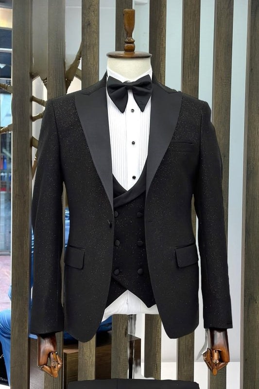 Fashion Black Three Pieces Prom Suits with Silk Lapel