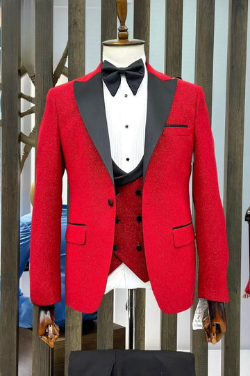 Hot Red Three Pieces Prom Suits with Silk Lapel