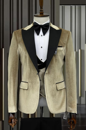 Gold Brown Velvet 3 Pieces Close Fitting Prom Suits for Men