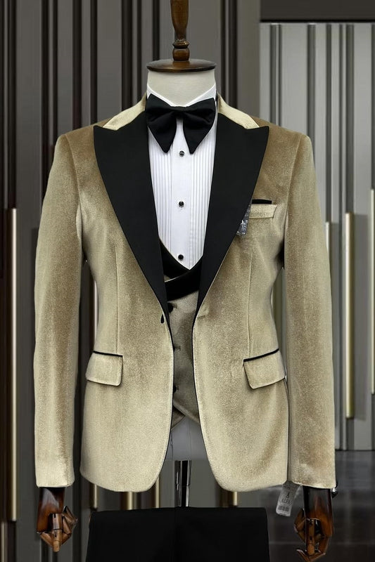 Gold Brown Velvet 3 Pieces Close Fitting Prom Suits for Men