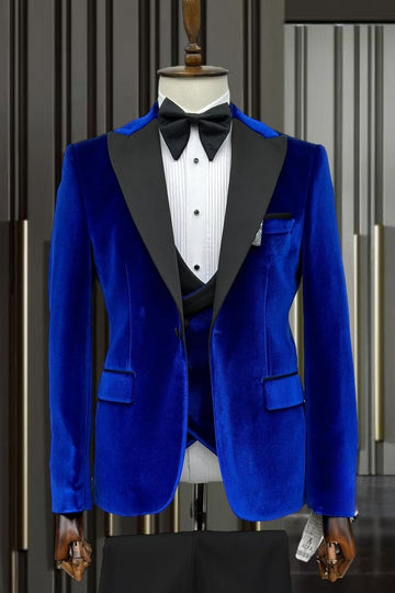 Royal Blue Velvet 3 Pieces Close Fitting Prom Suits for Men