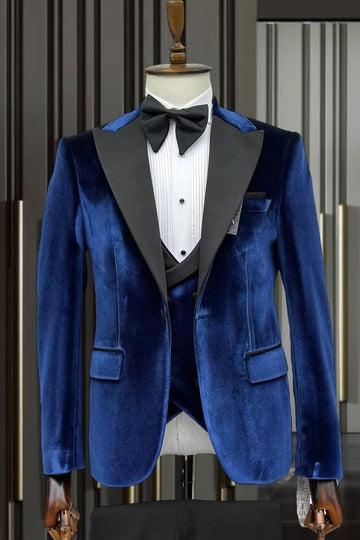 Navy Blue Velvet 3 Pieces Close Fitting Prom Suits for Men