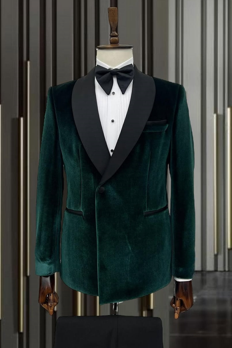 Dark Green One Button Velvet Shawl Lapel Wedding Suits