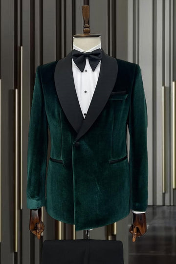 Dark Green One Button Velvet Shawl Lapel Wedding Suits