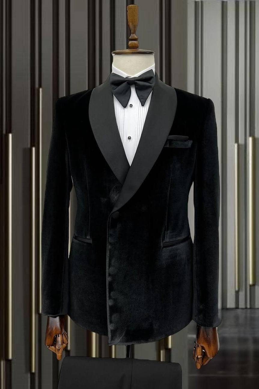 Black One Button Velvet Shawl Lapel Wedding Suits