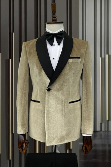 Gold Brown One Button Velvet Shawl Lapel Wedding Suits