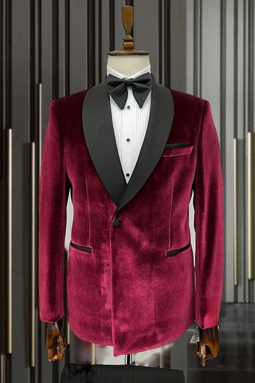 Red One Button Velvet Shawl Lapel Wedding Suits