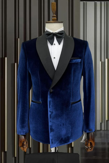 Navy Blue One Button Velvet Shawl Lapel Wedding Suits