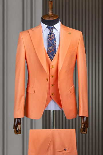 Fashion Peach 3 Pieces Peaked Lapel Slim Fit Men Suit